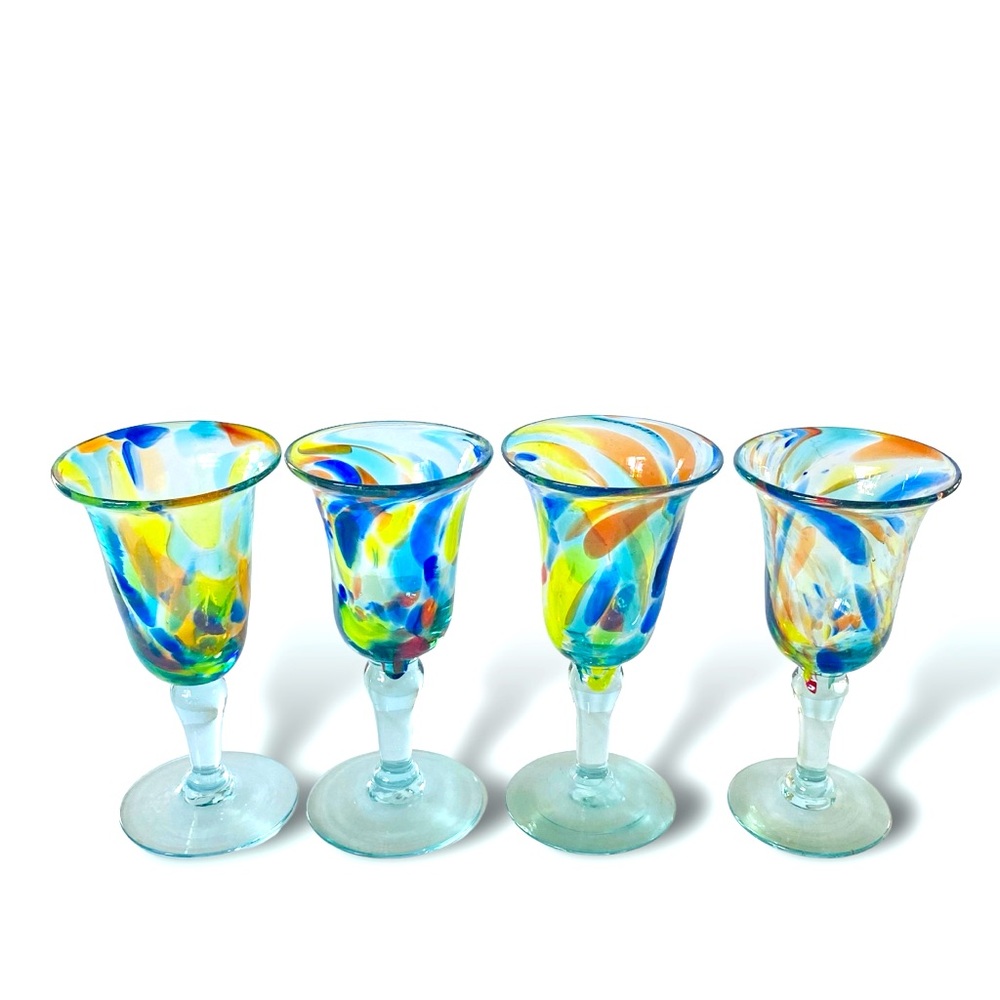 Mexican Handblown Confetti Art Glass Stemware Set of 4 Water Wine Glasses